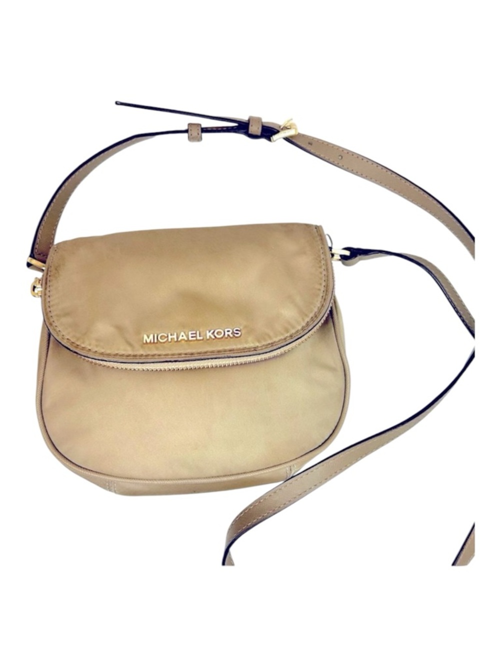 Michael Kors Bedford Beige Flap Zipper Nylon and Leather Mini Crossbody Bag